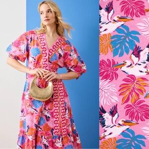 NWT Printfresh Pink Tropical Midi Dress with Blue and Orange Accents